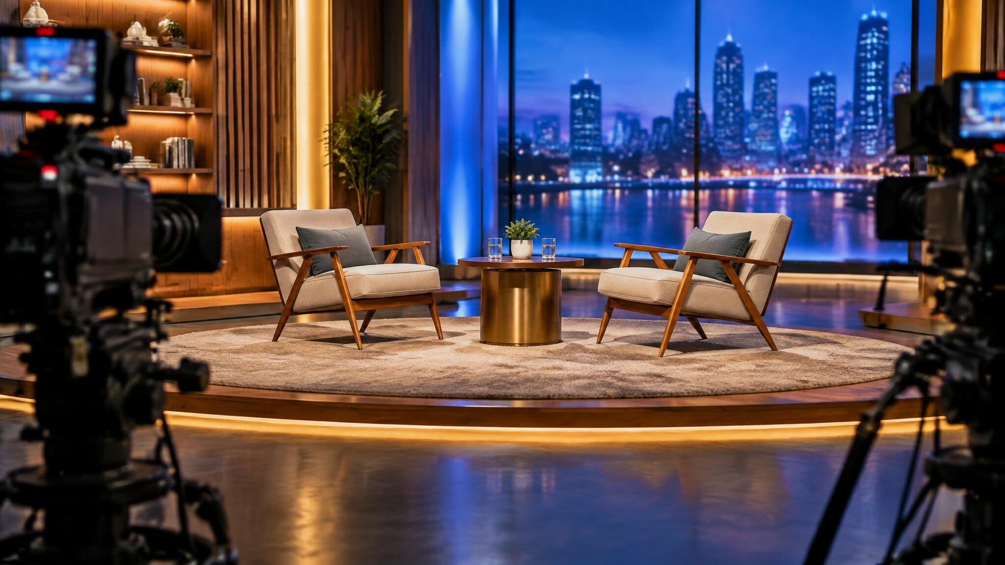 Talk show stage set with two armchairs and warm spotlight lighting